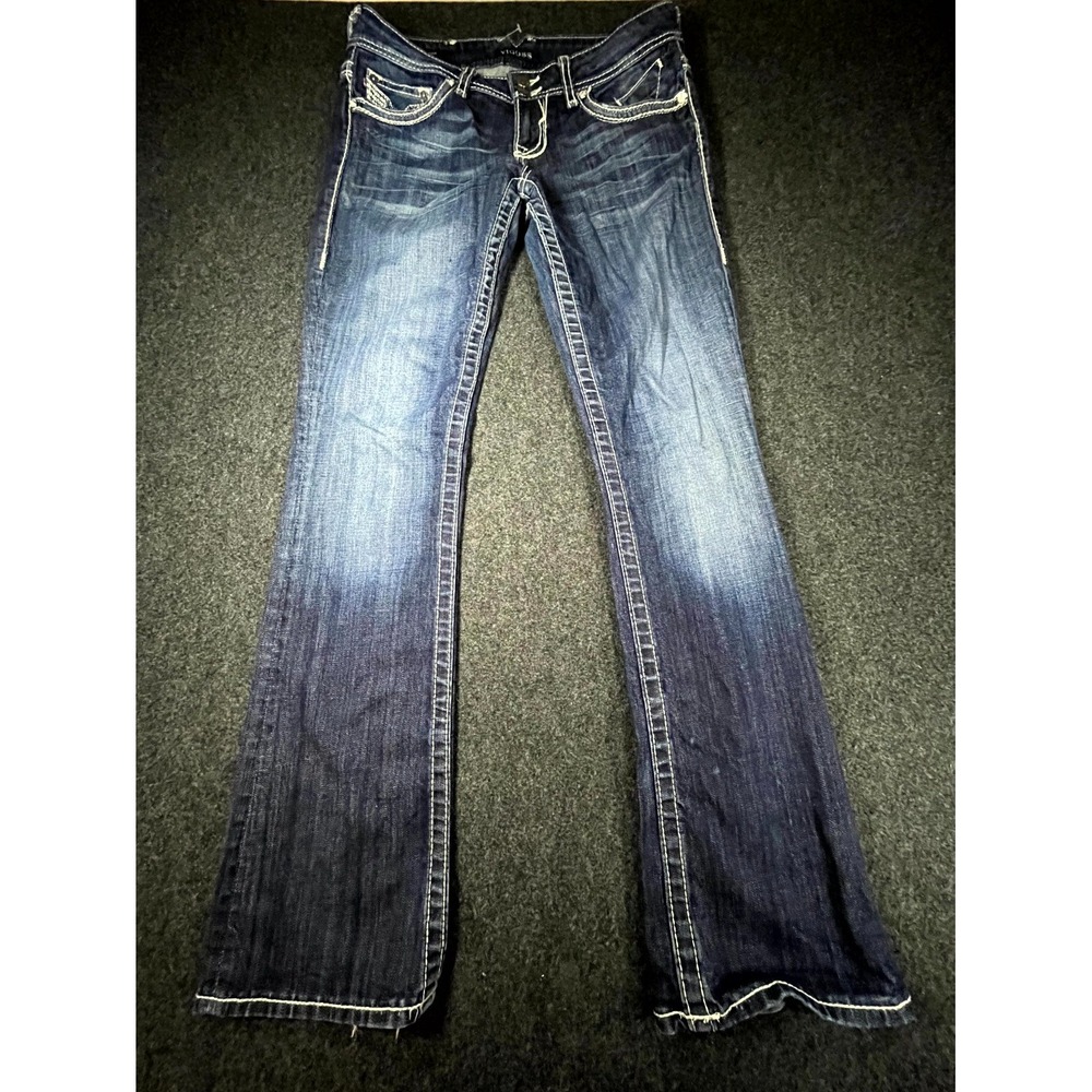Y2K Vigoss Bootcut Jeans Womens 9x33 Blue Denim Cotton Rhinestones Mid Rise